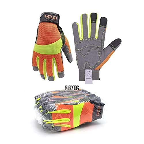 Image of HANDLANDY Bulk 6 Pairs Anti Vibration Gloves Hi-vis Reflective Safety Work Gloves, Touch Screen, Flexible Spandex Back Anti Vibrant Gloves (M, Orange)