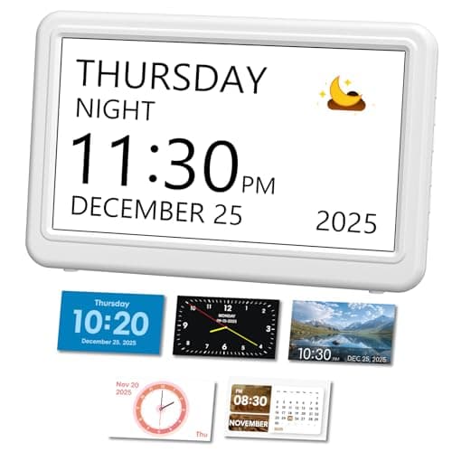 Image of Mesqool 7" Digital Calendar Day Clock for Seniors, Easy-Read Dementia Clock for Elderly with 20 Alarms & Reminders, Auto-Dimming, 12 Themes, 18 Ringtones, Photo Frame, Snooze (White)