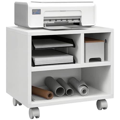 Image of HOMCOM 2-Tier Desk Stand with Storage, Under Desk Cart on Wheels with 3 Compartments, Home Office Printer Table, White