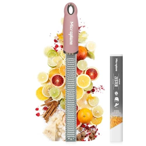 Image of Microplane Zester Grater in Dusty Rose for Citrus Fruits, Hard Cheese, Ginger, Chocolate and Nutmeg with Fine Stainless Steel Blade - Made in USA
