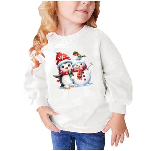 Image of Kids Christmas Tops Boys Girls Penguin Snowman Print Sweatshirts Long Sleeve Casual Pullover Tees Shirts Round Neck Cute Jumpers Autumn Festive TShirts 4-12 Years 01 White 11-12 Years