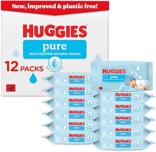 Image of Huggies Pure Plastic Free Baby Wipes - Pack of 12 (576 Wipes) – 99% Water Wet Wipes, Fragrance Free, Hypoallergenic, Better Cleaning, Soft and Gentle on Babies' Delicate Skin