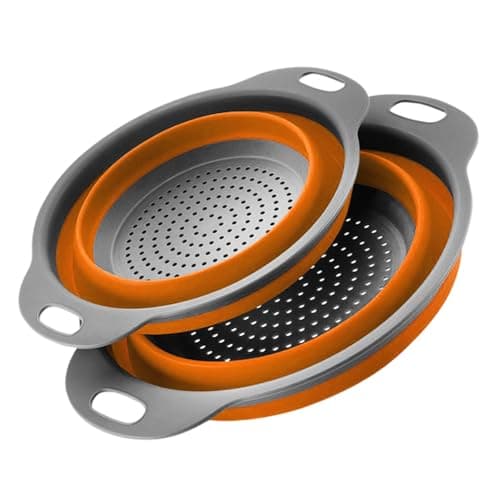 Image of Surwin 2 Pcs Collapsible Colanders, Big Small Combination Silicone Colander, Foldable Filter Drain Baskets, Kitchen Strainer for Draining Pasta Fruits Vegetable Colanders (Orange,Set of 2)