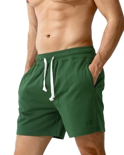 Image of Casey Kevin Men's Sweat Cotton Shorts Summer 5 Inch Short with Zip Pockets Elasticated Waist Drawstring Casual Running Shorts,Green,XL