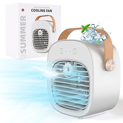 Image of Portable Air Cooler, Mini Personal Air Conditioner, 2 in 1 Small Evaporative Coolers with Handle/Humidifier/ 3 Speeds Desktop Ice Cube Cooling Fan for Travel, Office and Bedroom