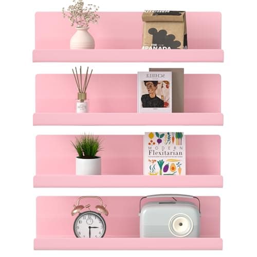 Image of WELDUN Floating Shelves, Set of 4 Wall Mounted Shelf, Picture Ledge Display, Decorative Wall Shelves for Living Room, Bedroom, Bathroom, Kitchen, Home Office, Laundry room, Plastic, Pink