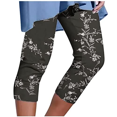 Image of TURWXGSO Summer Leggings for Women UK Floral Printed Capri Pants Gradient Colour 3/4 Length Trousers Ladies High Waisted Cropped Yoga Pants High Waisted Leggings for Casual Workout Vacation
