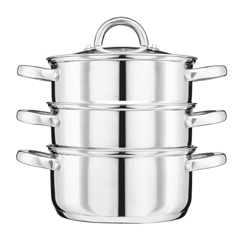 Image of Cooks Professional 3 Tier Stainless Steel Steamer Pan | X-Large Veg Steaming Cooker Pots with Glass Lid, Vent & Twin Handles | Suitable for All Hobs Inc Induction | Dishwasher Safe | 24cm Diameter