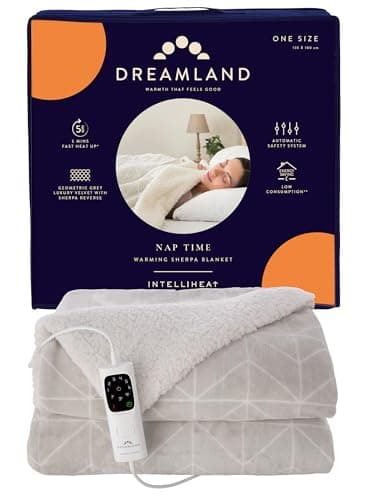 Image of Dreamland Nap Time Heated Electric Blanket – Ultra Soft Velvet Sherpa with 6 Heat Settings, Fast 5-Minute Preheat, Intelliheat Auto Timer, Machine Washable, Large Size 180 x 135 cm – Geometric Grey