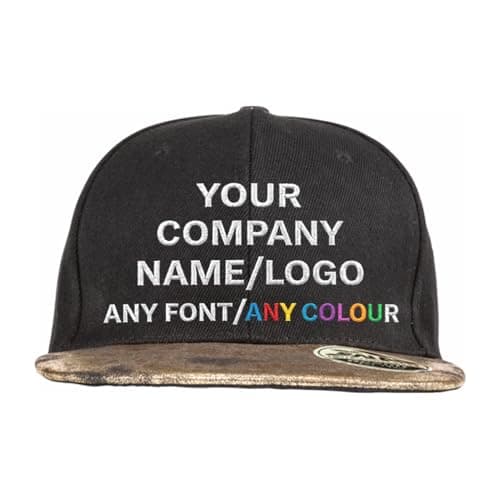 Image of T-SHIRT DESIGN STUDIO Customize Your Own Design Text, Photos, Image Logo Adjustable Cap | Bronx Glitter Snapback Cap with Recycled Visor (Black/Gold)