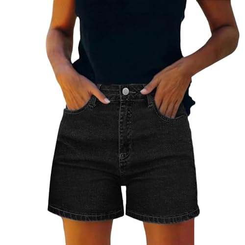 Image of Saxrel Black Denim Shorts for Women High Waisted Jeans - Summer Denim Hiking Shorts Button/Drawstring Waist Jeans Pant Pockets for Daily Commute Office Casual Outings Sizes S-3XL
