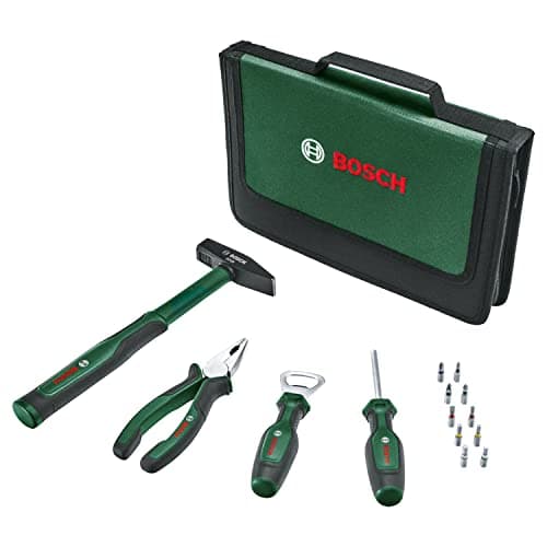 Image of Bosch Easy Starter Hand Tool Set 14-Piece (Starter Tool Kit for Basic Household and DIY Tasks; Combination Pliers, Screwdriver, Bottle Opener, Hammer; 10 Bits)