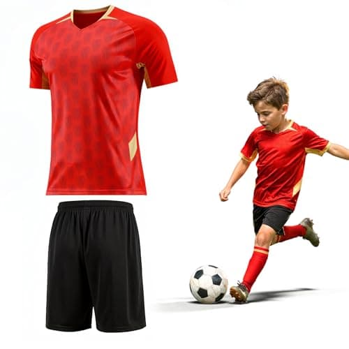 Image of viiotu Football Kits for Boys Girls Football Kit Kids Football Training Jersey Shorts and T-shirt Set PE Kits for School Gym Tennis Running (Red, 8-9 Years)