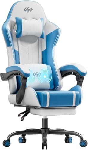 Image of Precision Synergie Massage Gaming Chair, Gaming Chair with Footrest, Ergonomic Computer Chair for Adults with Pocket Spring Cushion, Headrest Lumbar Support, Height Adjustable for home, White Blue