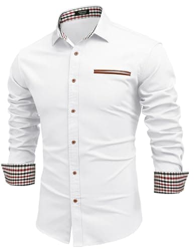 Image of COOFANDY Men's Shirts Long Sleeve Denim Casual Shirt Button Down Dress Shirt Slim Fit Cotton Cowboy Shirts with Plaid Collar White1 L