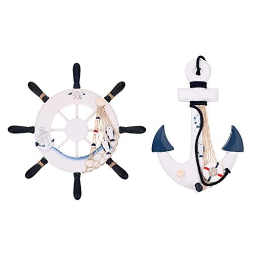 Image of Skelang Nautical Ship Wheel Ornament 33cm, Anchor Wall Hanging Decor, Wooden Mediterranean Wall Art, Indoor Outdoor Hanging Decor for Party, Bathroom Door, Pack of 2