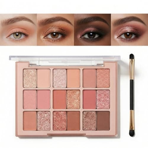 Image of Eyeshadow Palette Rose Gold 16 Shades Matte Satin Shimmer Finishes - Highly Pigmented Buildable Powder Palette for Warm Neutral Nude Bronze Day Evening Makeup Looks with Mirror and Brush