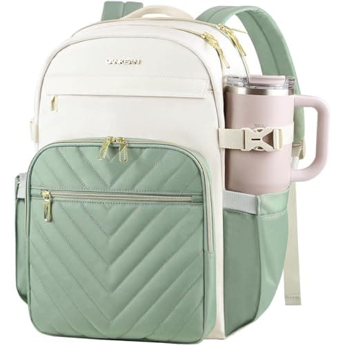 Image of VANKEAN Laptop Backpack for Women with Pouch Pocket for Large Capacity Tumbler, 15.6 Inch Laptop Computer Bag Travel Backpack Purse,Waterproof Work Business College Teacher Bags, Beige-Light Green