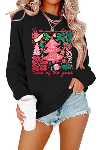 Image of ASTANFY Merry Christmas Sweatshirts For Women: Christmas Tree Graphic Sweatshirts Grinch Long Sleeve Shirt, Black-2, Large