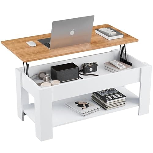 Image of Coffee Table with Storage, Lift Up Coffee Table for Living Room, Wooden Coffee Tables with 1 Shelf Large Hidden Storage Rectangular Lift-Top Sofa End Tea Table, White+Pine, 120x60x(49.5-62.5) H cm