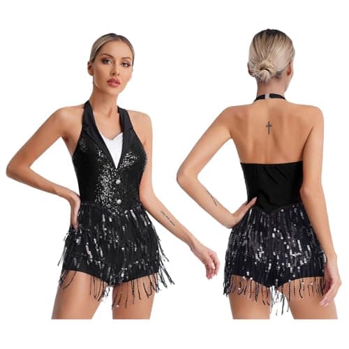 Image of Xnihocha Womens Sequins Fringed Jumpsuit Jazz Latin Dance Leotards Dress Tuxedo Bodysuit Ballroom Costume Black S