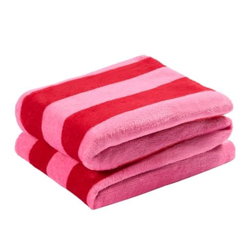 Image of OHS Blanket Fleece Stripe Print Throw, Ultra Soft Cosy Comfy Vibrant Pink Red Stripe Pattern Fluffy Throw for Sofa & Bedroom Living Room, 125 x 150cm - Red/Pink