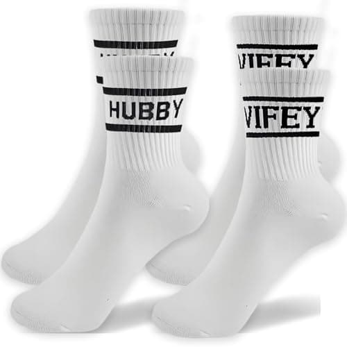 Image of NICECONE Hubby and Wifey Socks Set - 2 Pairs Matching Couple Socks for Wedding, His and Hers Gifts for Bride and Groom, Soft Cotton with Black Text & Stripes