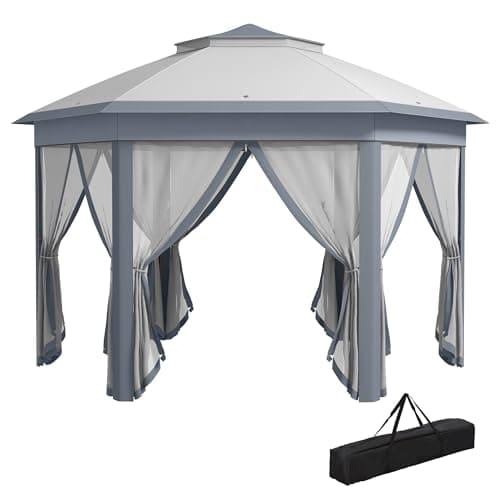 Image of Outsunny 3 x 4m Garden Gazebo Hexagon Pop Up Gazebo Party Tent Canopy Double Roof Instant Shelter with Netting and Carry Bag for Outdoor Patio, Grey