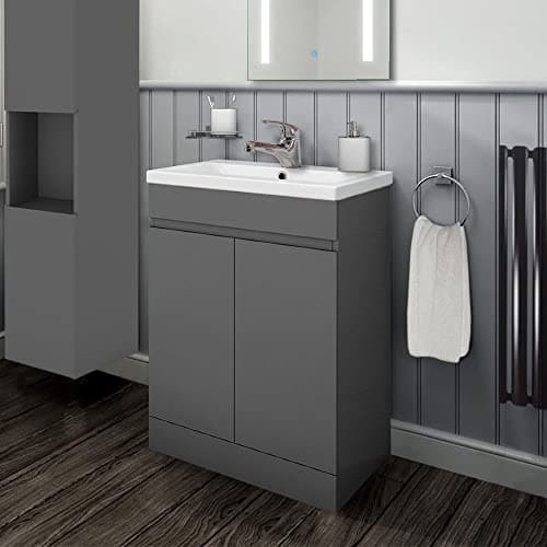 Image of Biubiubath 600mm Vanity Unit with Basin Floor Standing Matt Grey Storage Cabinets 2 Doors