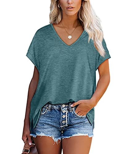 Image of Aokosor Ladies Tops V Neck T Shirts Spring Womens Short Sleeve Summer Casual Tshirt Pine Green Size 14-16