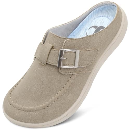 Image of Women's Suede Clogs Zero Drop Mules Flat Slippers Slip on Comfy Potato Shoes Wide Toe Box with Adjustable Buckle Taupei 8 UK