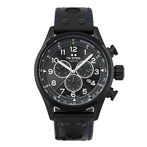 Image of TW Steel Swiss Volante Mens 48mm Quartz Watch with Black Dial Black Leather Strap, and Date Calendar SVS306