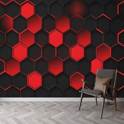 Image of Mural Wallpaper Geometric Hexagons 3D Effect Red and Black Wallpaper Photo Poster Art Deco Wall Murals for Living Room Bedroom Corridor 150x105 cm 3986a