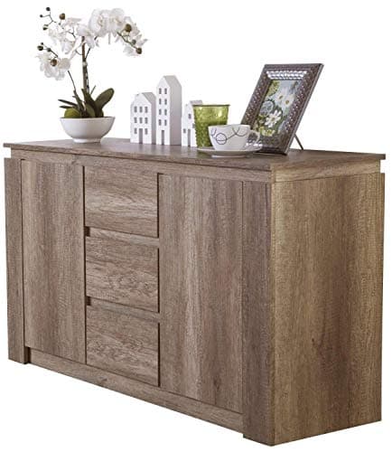 Image of GFW Canyon Sideboard Unit, 3 Storage Drawers And 2 Doors Storage Cabinet, Adjustable Shelves, Contemporary Wooden Oak Sideboards For Living Room, Kitchen, And Bathroom, 39.5 x 119 x 70 cm