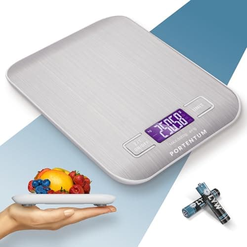 Image of PORTENTUM Digital Kitchen Scales 5kg/11lb with Large LCD Display, Food Scales with Large Stainless Steel Weighing Surface, Liquid Measurement, High Precision up to 1 g, Tare Function, Silver