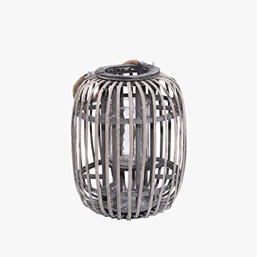 Image of Grey Wicker Lantern With Candleholder Garden Lightning Table Lights Rattan Lamp Decorative Rattan Lantern- Height 28 cm