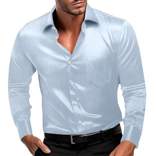 Image of Duohropke Men's Shirt Satin Dress Shirt Shiny Silk Long Sleeve Button Down Shirts Modern Fit Elegant Shirts Slim Fit Suit Kent Collar Shirt Basic Plain Patterned Casual Shirt, sky blue, S