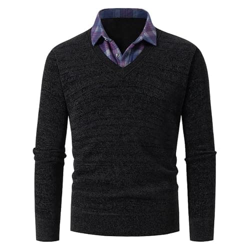 Image of ZDSUHYIW Men's Shirt Pullover 2 in 1 Long Sleeve Knit Pullover with V-Neck Slim Fit Simple Casual Cardigan Sweatshirt Winter Pullover Sweater with Shirt Collar Mock, P1 black, M