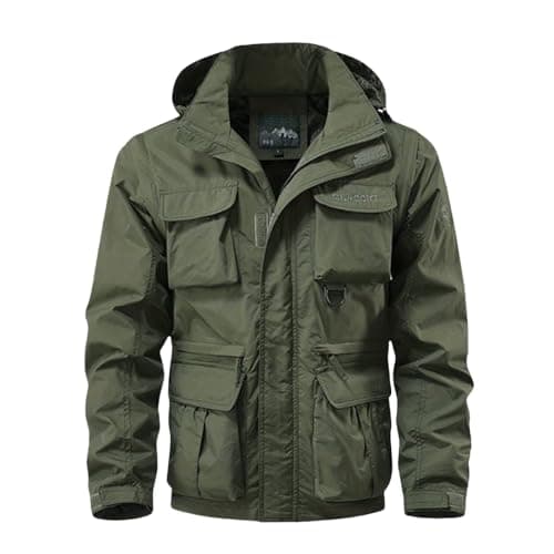 Image of Waterproof Windproof Jacket Mens, Light Jacket Men With Hood Outdoor Hiking Jacket, Military-Style Field Coat, Lightweight Breathable Zip-Up Jacket, Autumn Winter Outdoor Sports Jacket