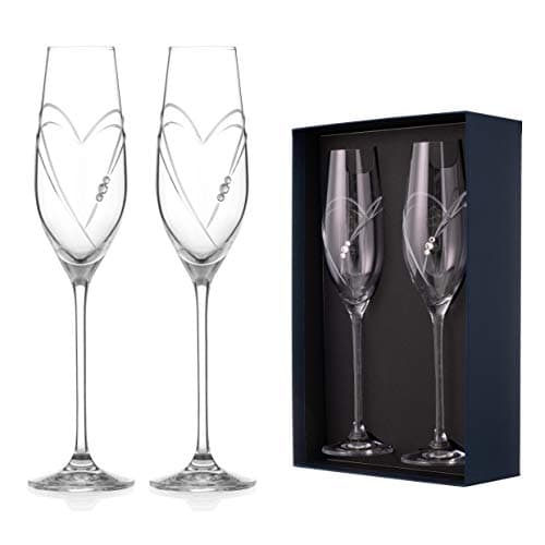 Image of DIAMANTE Set of 2 Swarovski Champagne Flutes Prosecco Glasses Pair 'Hearts' Design with Swarovski Crystals