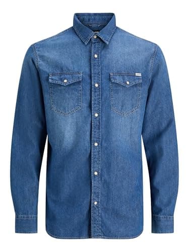 Image of Jack & Jones Men's Jjesheridan Shirt L/S Denim Shirt, Blue (Medium Blue Denim Fit Slim), XL