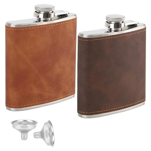 Image of Vokowin 2 pcs 6oz Hip Flask with 2 Funnels, Stainless Steel Portable Pocket Whiskey Flask with Leather Wrapped Cover, Leak Proof Hip Flask for Men Women Travel Gift (Brown, Coffee)(K286-2)