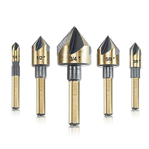 Image of Countersink Drill Bit Set, 5 Pieces High Speed Steel 82 Degree 5 Flute 6mm Round Shank Mill Cutter Bit Countersink in Sizes 1/4” 3/8” 1/2” 5/8” 3/4” Set with Carrying Case.