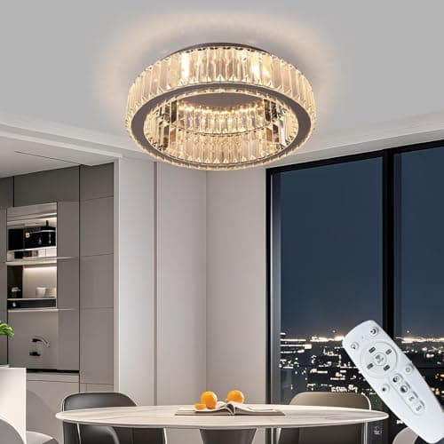 Image of Vinilky Crystal Ceiling Light, Modern Chandelier Dimmable LED Flush Mount Ceiling Light Fixture with Remote for Living Room, Dining Room, Kitchen, Bedroom, Hallway