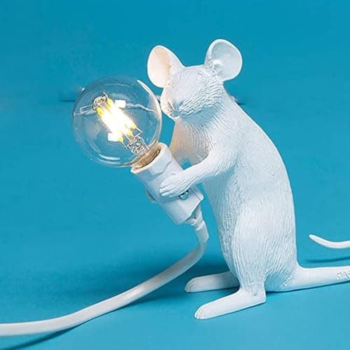 Image of KPLFI Mouse Table Lamp Mouse Shape Bedside Lamp Resin Creative LED Desk Light 3-Pin Plug Bedroom Home Corridor Decor Holiday Gifts (White Sitting)