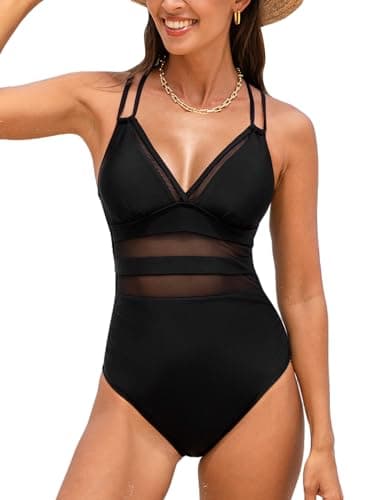 Image of CUPSHE Women's One Piece Swimsuit Tummy Control Swimming Costume Deep V Neck Mesh Cutout Adjustable Straps Swimwear Black XS