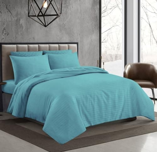 Image of Luxury 100% Egyptian Cotton Sateen Stripe Fitted Sheet – 250 Thread Count, 12" Deep Pocket, Hotel-Quality Soft Bedding for Single, Double, King & Super King Beds (Aqua, Single)