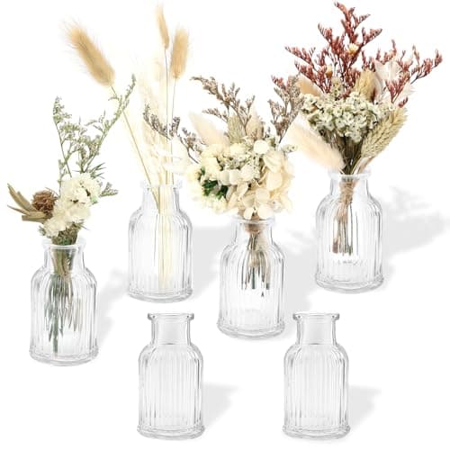 Image of Glass Bud Vases, 6 Pcs Small Vases for Flowers, 50 ml Clear Small Glass Vase, Vintage Mini Ribbed Vase Set for Table Decoration, Centerpieces, Wedding, Party, Home Decor - 7.5 x 4.2 cm