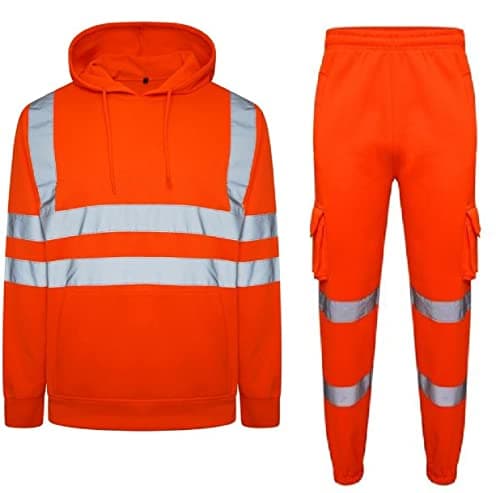Image of Romaans Men's Hi Vis High Visibility Tracksuit Hoodie & Jogging Bottom Safety Work Full Set Reflective Joggers (Orange Full Set, M, m)
