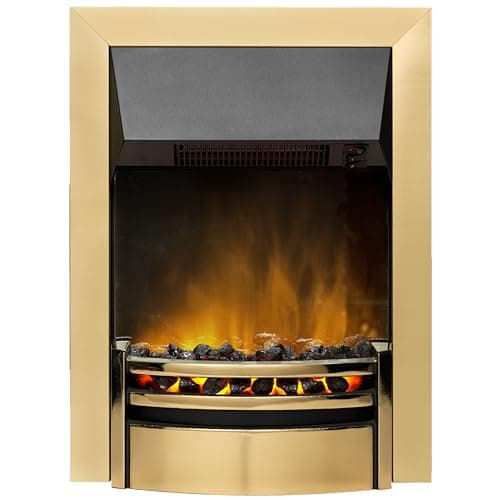 Image of Dimplex Kansas Optiflame Inset Electric Fire, Brass LED Flame Effect Fireplace With Real Coals, 2kW Fan Heater and 1000/2000 Watt Settings, Inset/Recess Depth 7cm